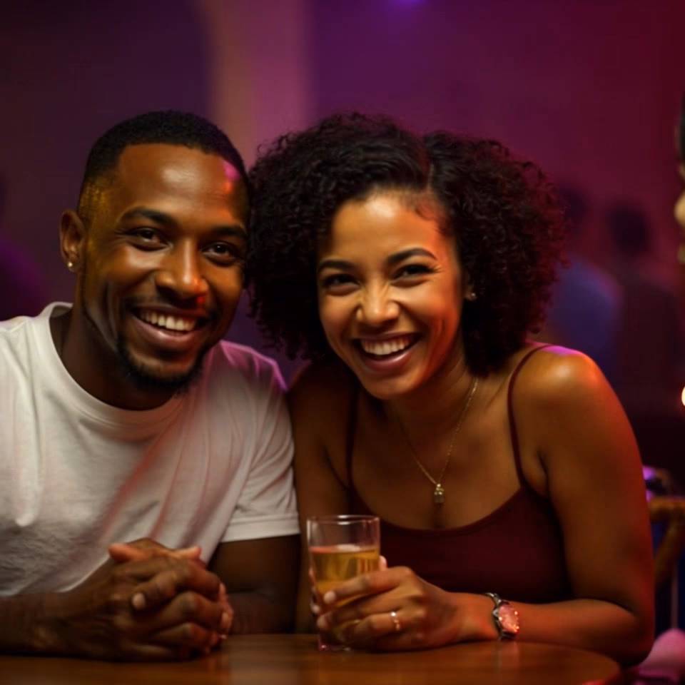 A smiling couple at a bar