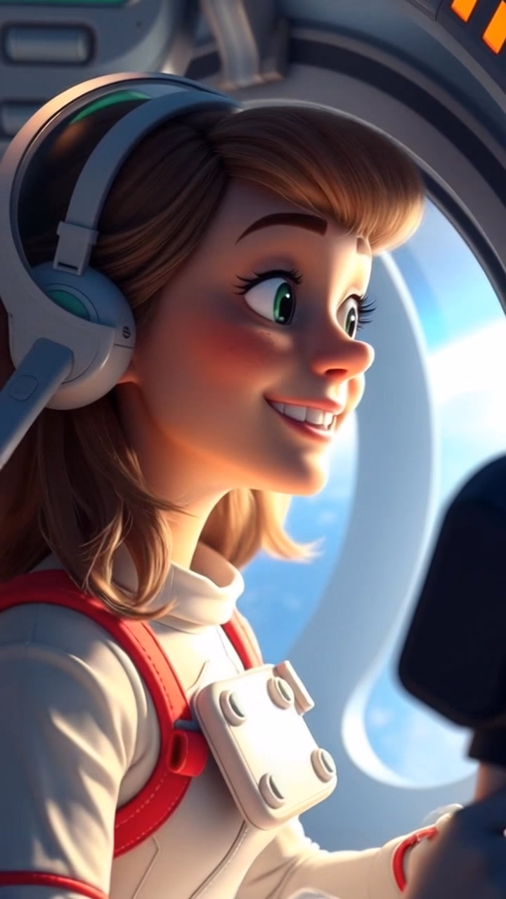 A 3D animation-style image of a smiling woman piloting a space ship