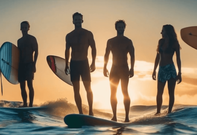 4 peopl surfing against a sunlit background