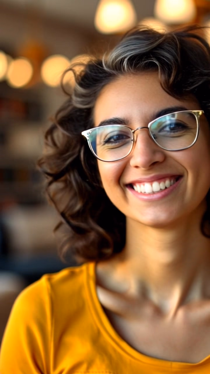 A close up of a smiling woman with glasses