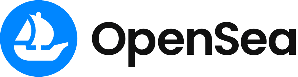 The OpenSea logo and wordmark, includign a blue circle with a white sailboat inside and the word OpenSea