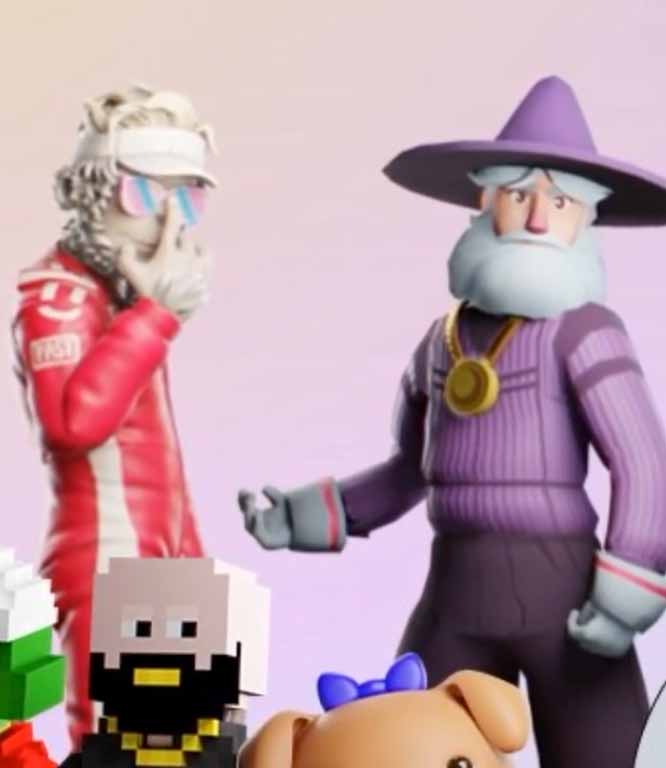 a 3-d modeled image of a race car driver, wizard in a wizard hat, pixel art-style bald man with a beard and the top of a dog's head with a purple bow