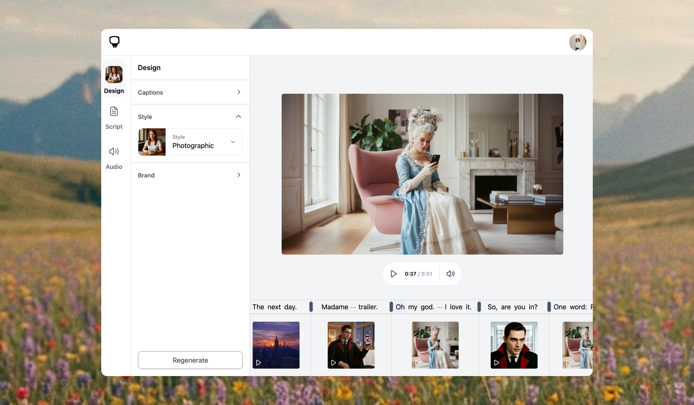 Hypernatural AI Video Editor - Design tab showing visual styles and customization tools