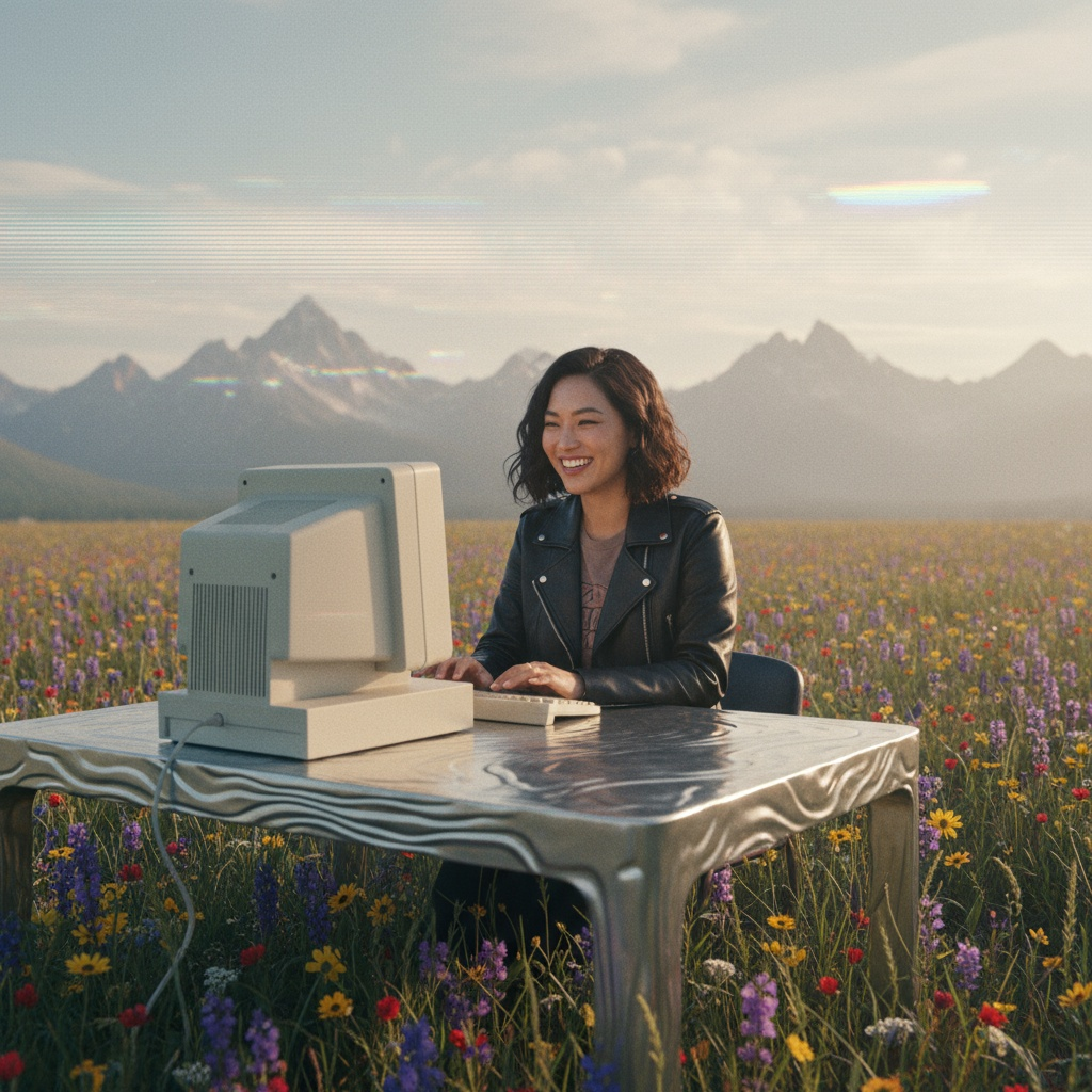 A woman sits at a desk, creating a Hypernatural video in a beautiful field of flowers